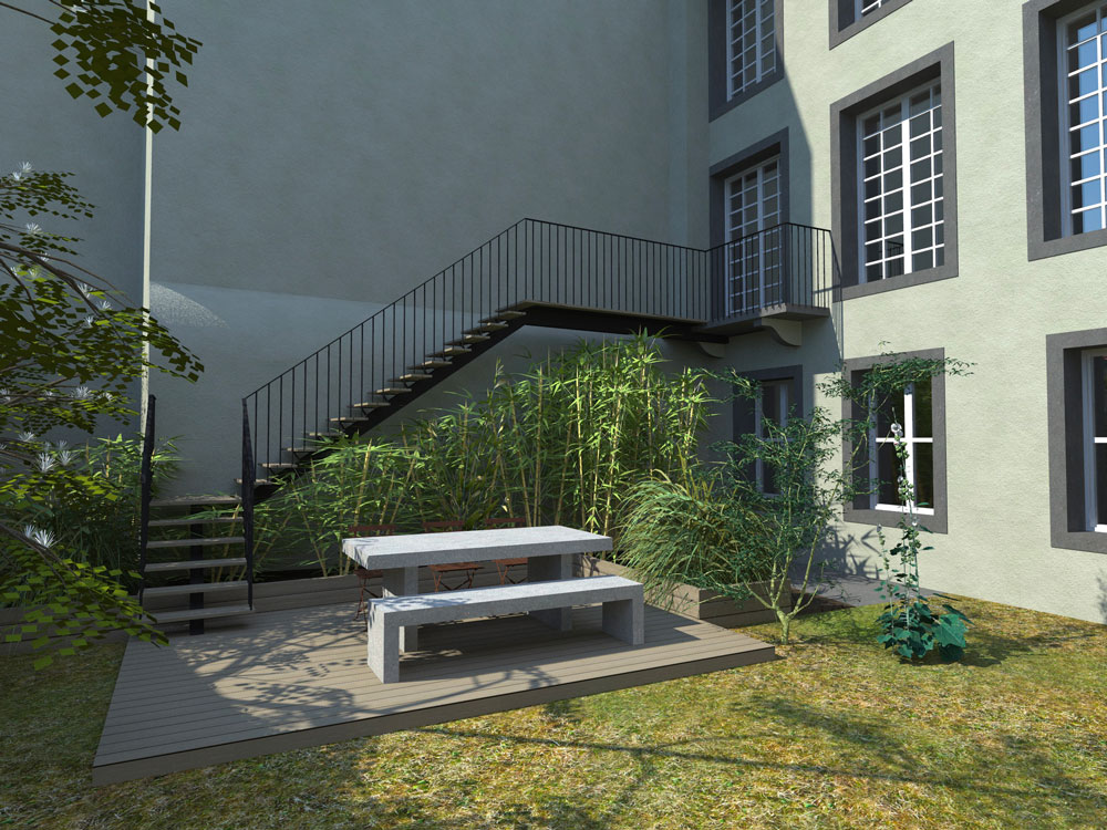création d'un escalier métal et bois au jardin et terrasse bois